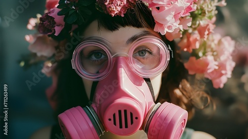  Woman wearing a flower crown, gas masked and googles, Pink color theme