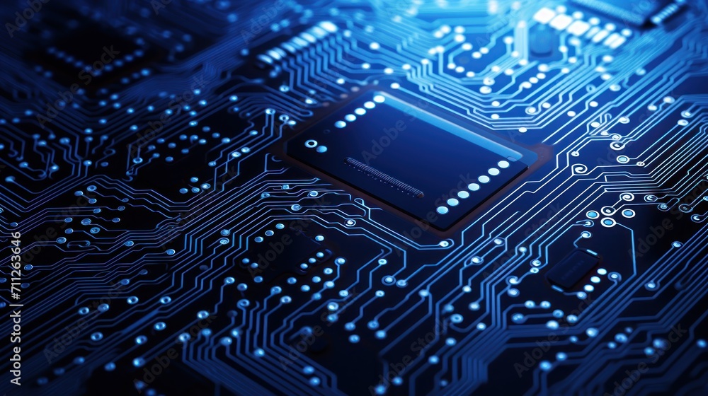 Close-up of Computer Chip on Circuit Board, neon blue light Close-up of Computer Chip on Circuit Board, neon blue light