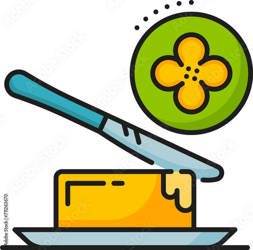 Rapeseed, canola butter icon, features a knife cutting golden, creamy block, resembling traditional butter but made from canola oil, representing a healthier and plant-based alternative