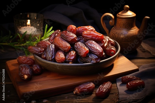 A bowl filled with dates sits beside a tea pot, creating a delightful arrangement of snacks and hot beverages, Fresh Medjool Dates, AI Generated