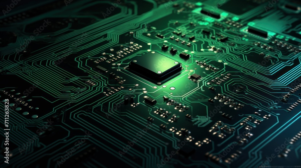 Close-up View of a Computer Circuit Board, neon green light Close-up View of a Computer Circuit Board, neon green light