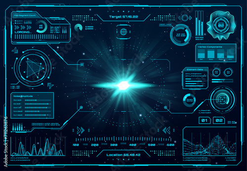 Spaceship radar screen interface or HUD dashboard of control panel, vector background. Futuristic spaceship dashboard UI for game, HUD technology virtual display with information boxes and target aims photo