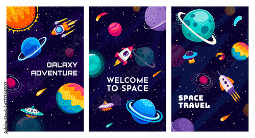 Space banners with galaxy landscape, flying rockets, planets, stars, asteroids and ufo saucer. Vector background with cosmic engines in Universe. Interstellar travel, colonization, cosmos exploring