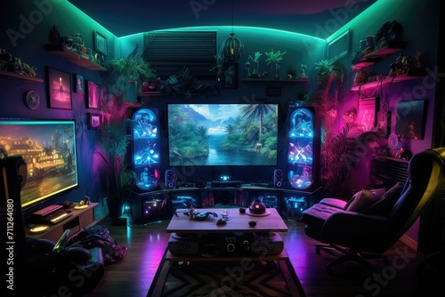 This cozy living room is filled with a variety of furniture, including a flat screen TV, providing the perfect space for entertainment and relaxation, Gaming room with RGB, AI Generated