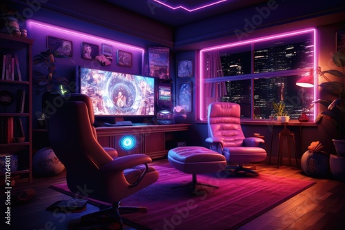 A fully furnished living room with a variety of furniture and a large flat screen television  Gaming room with RGB  AI Generated