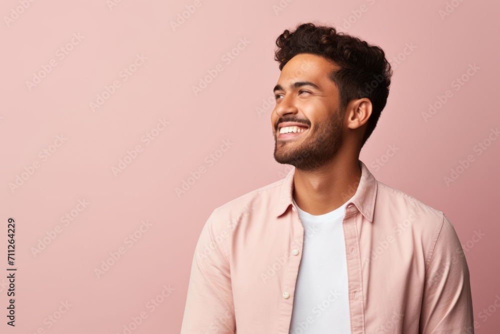 Portrait of a handsome young indian man looking away and smiling against pink background Portrait of a handsome young indian man looking away and smiling against pink background