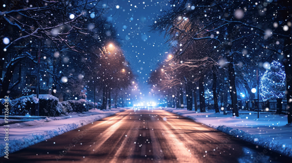 A road on snow fall day in winter time.	