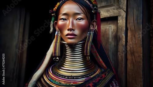 Kayan tribe woman of Northern Thailand wearing brass neck rings	 photo