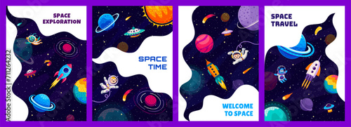 Space posters with cartoon spaceship and starship, kid astronauts and alien UFO, vector background. Galaxy planets and stars, kid spaceman on rocket spaceship with comets and asteroids in starry sky