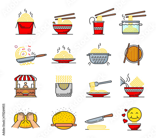 Noodle icons, ramen, udon stir fry pasta noodles. Chinese cuisine restaurant or asian fast food cafe kiosk outline pictograms with hot udon noodles box and bowl, chopsticks, dough, kitchen utensils