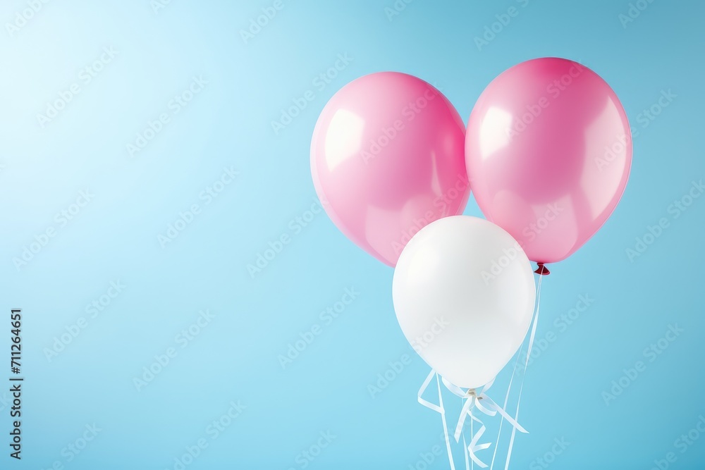 A pair of vibrant pink and white balloons gracefully soaring through the sky, a colorful gender reveal with pink and blue balloons on a table, AI Generated A pair of vibrant pink and white balloons gracefully soaring through the sky, a colorful gender reveal with pink and blue balloons on a table, AI Generated