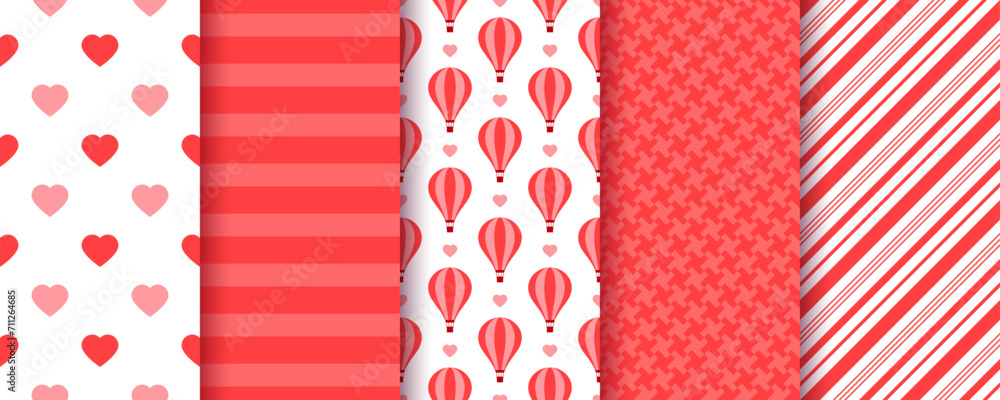 Valentine's day background. Seamless pattern. Set red textures with hearts, stripes and hot air balloon. Prints for scrapbooking. Collection love wrapping papers. Vintage backdrop. Vector illustration Valentine's day background. Seamless pattern. Set red textures with hearts, stripes and hot air balloon. Prints for scrapbooking. Collection love wrapping papers. Vintage backdrop. Vector illustration