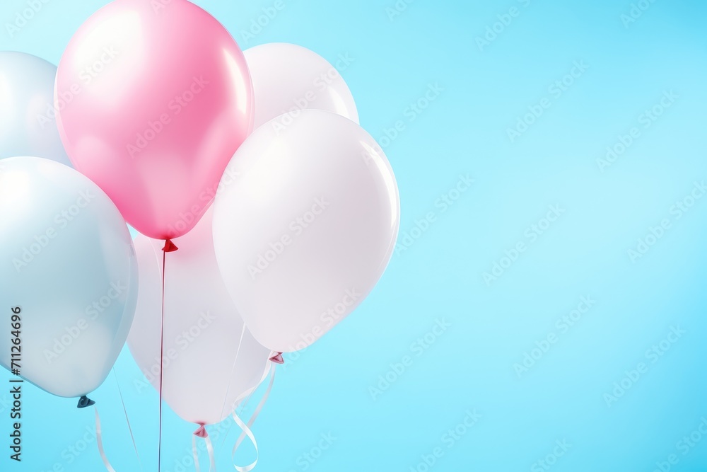 A vibrant bunch of balloons joyfully floating in the open sky, a colorful gender reveal with pink and blue balloons on a table, AI Generated