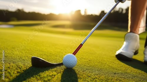 A detailed image of a golf ball and club placed on a green golf course. This asset is perfect for golf-related designs, sports-themed marketing materials, and golf event promotions. photo
