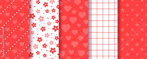 Valentine's day seamless pattern. Love backgrounds. Textures with hearts, flowers and plaid. Set of romantic vintage prints for scrapbooking. Collection red wrapping papers. Vector illustration