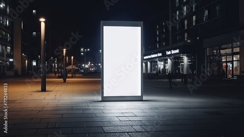 Mockup of a blank white vertical billboard on a sidewalk at night with street lights and buildings in the background photo