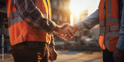 Close up two man at construction site shaking hands. Handshake in the workplace. Success, teamwork concept.