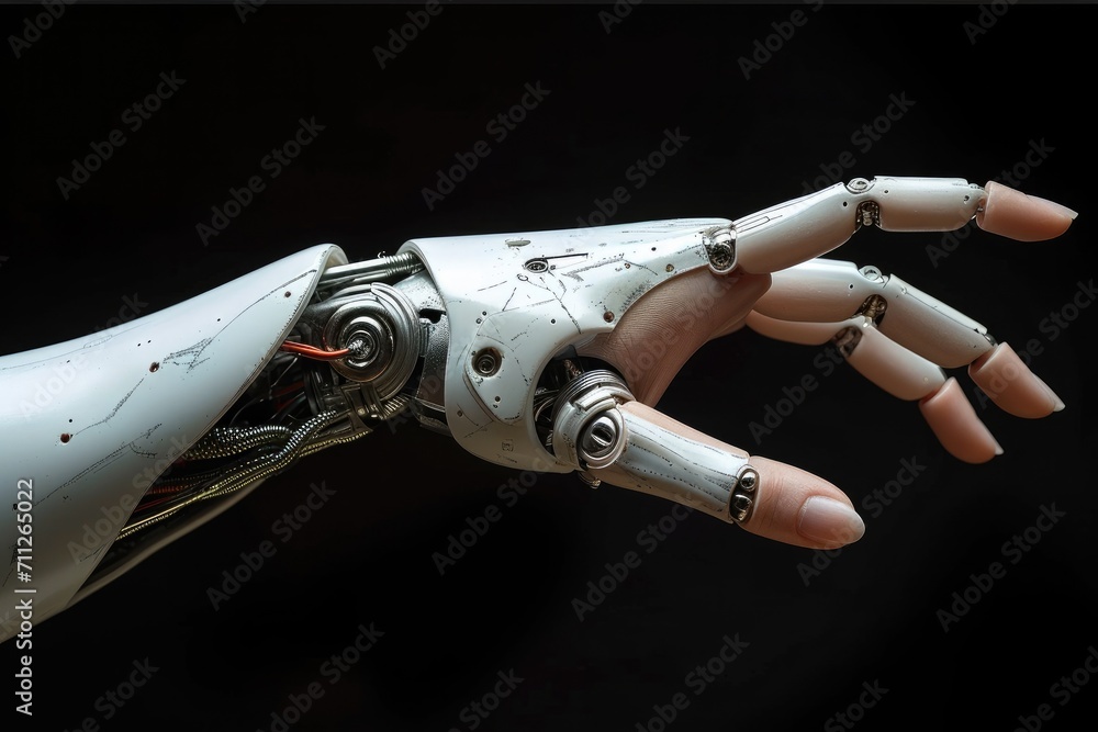 A robot hand reaches for a human hand on black background. Generative AI. A robot hand reaches for a human hand on black background. Generative AI.