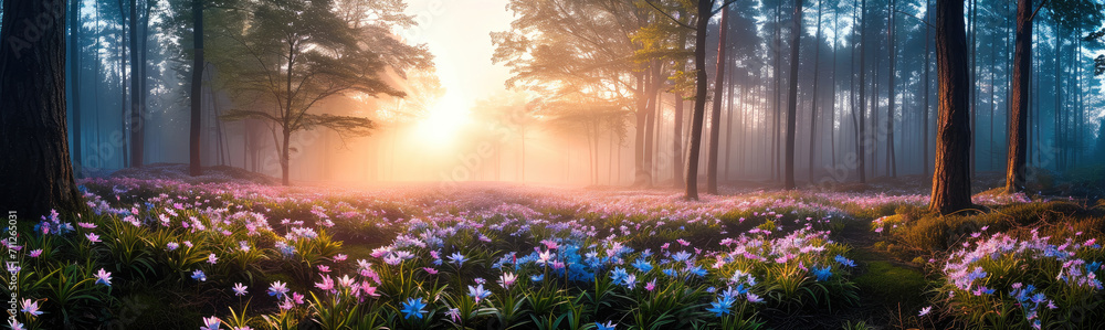 Obraz premium Wide panorama of the forest with spring flowers in the morning fog. Generative AI.