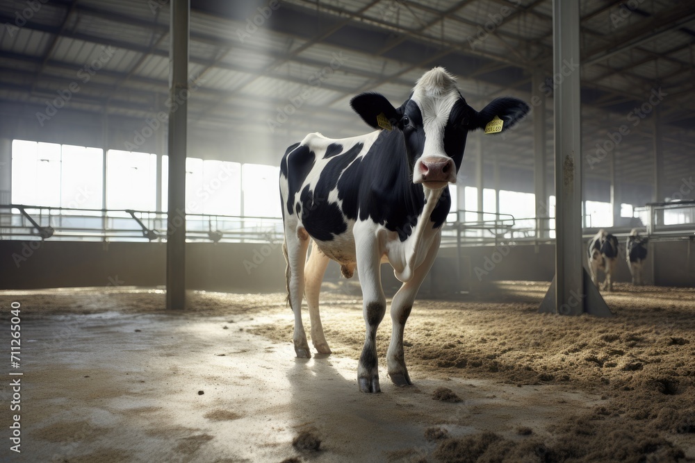 A black and white cow stands inside a building, captured in a striking monochrome image, Cow on a dairy farm, AI Generated A black and white cow stands inside a building, captured in a striking monochrome image, Cow on a dairy farm, AI Generated