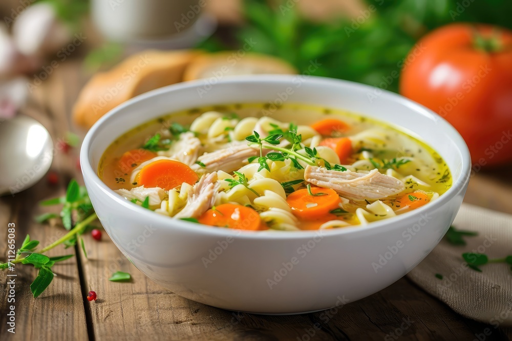 Homemade chicken noodle soup with vegetables and spices in a bowl. Healthy food concept Homemade chicken noodle soup with vegetables and spices in a bowl. Healthy food concept