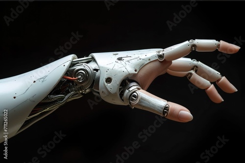 A robot hand reaches for a human hand on black background. Generative AI.