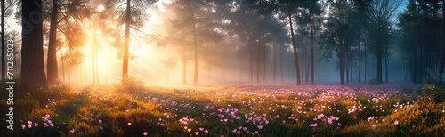 Wide panorama of the forest with spring flowers in the morning fog. Generative AI.