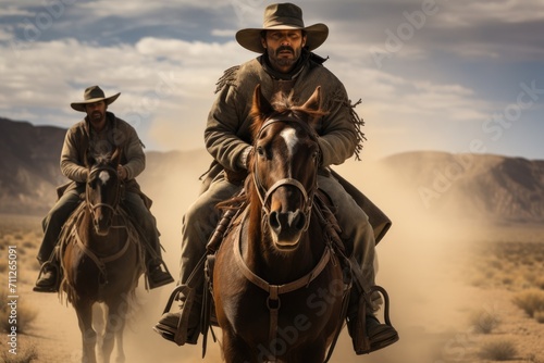 Two men riding horses through the desert landscape on a day with cloudy skies, Cowboys on horseback, AI Generated