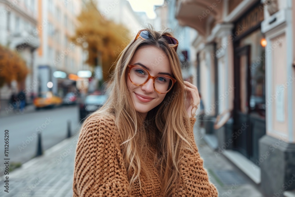 Obraz premium Happy lady with glasses posing on street in city.