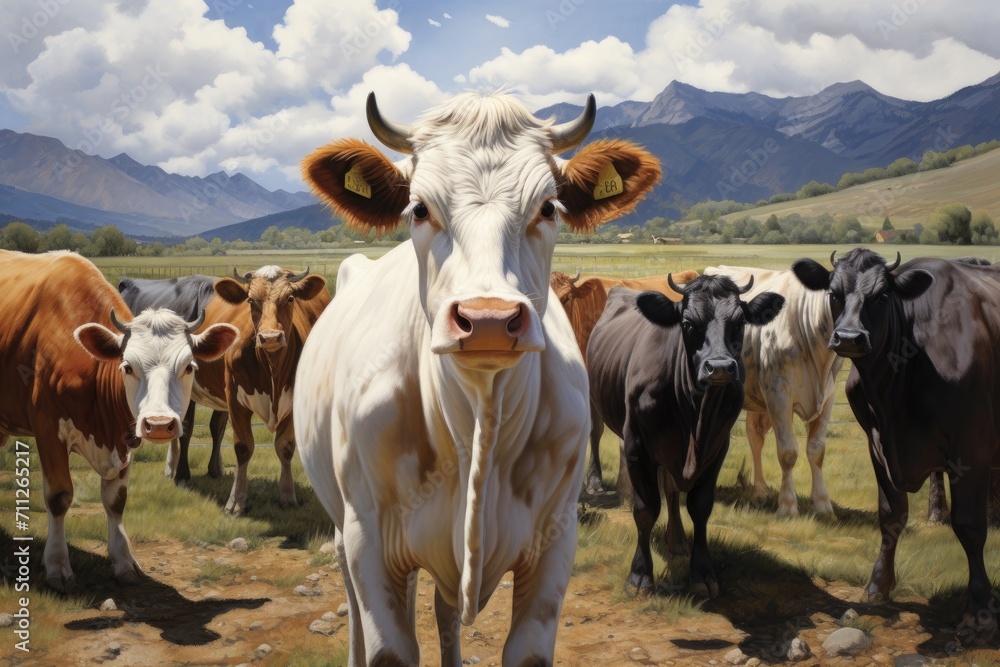 Obraz premium A large group of cattle stands on top of a grassy field, peacefully grazing outdoors in the open, cows in ranch or farm, AI Generated