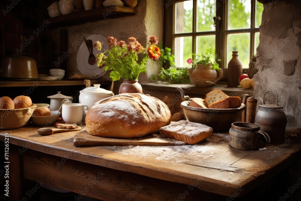 Fototapeta premium A variety of freshly baked bread loaves displayed on a wooden table ready for purchase, Cozy country kitchen with fresh bread cooling on a wooden countertop, AI Generated