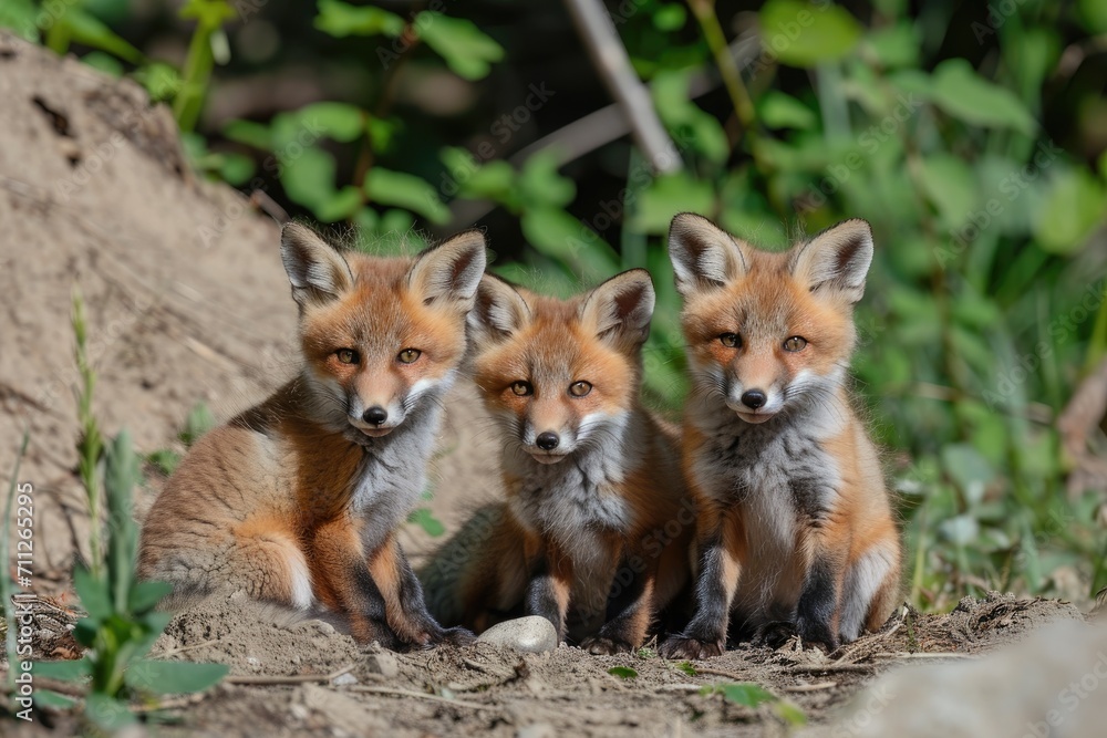 Red fox, cubs looking around near den Red fox, cubs looking around near den