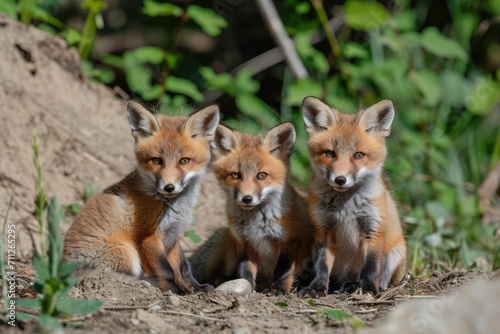 Red fox  cubs looking around near den