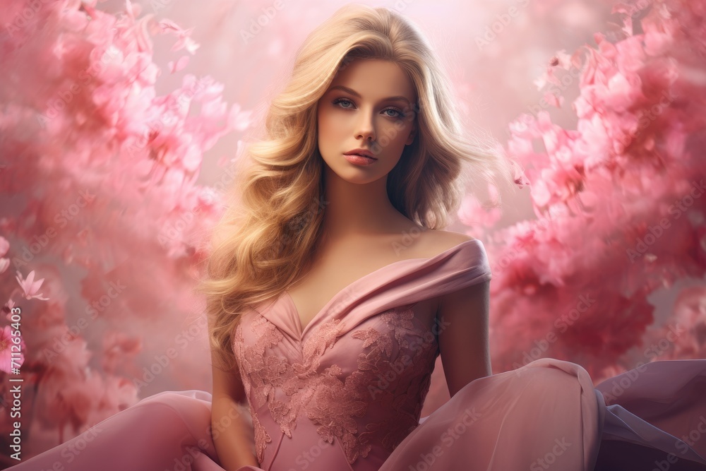 A stunning blonde woman radiates elegance and charm in her captivating pink dress, creative portrait of a fashion woman in beautiful pink dress, AI Generated