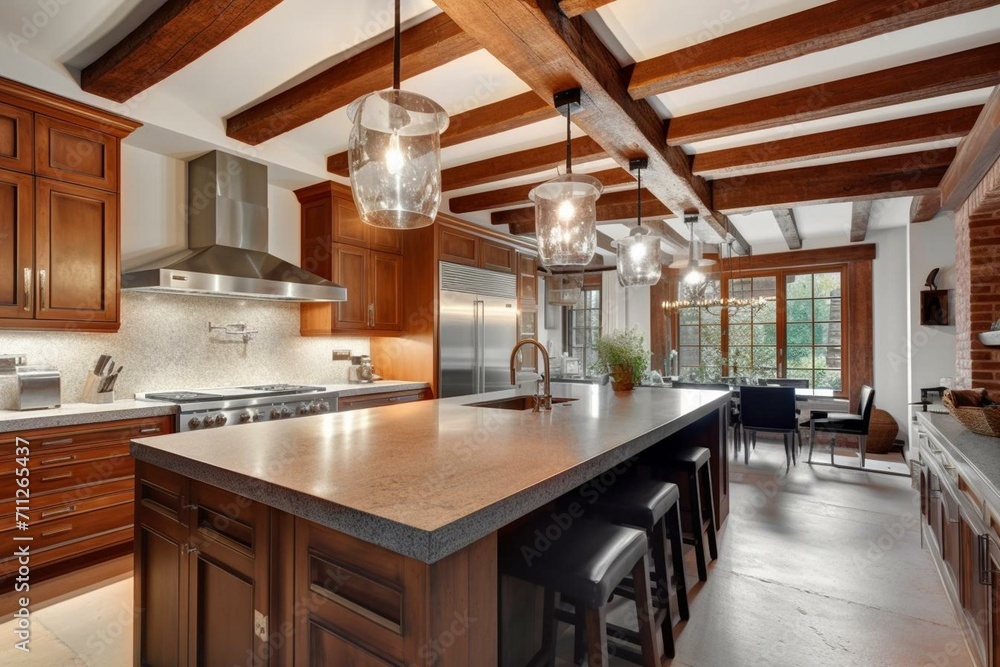 Luxurious kitchen with wooden beams and modern lighting. Generative AI
