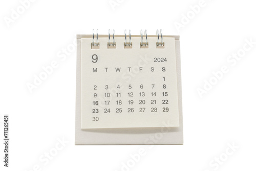 Simple desk calendar for September 2024 isolated on white background. Calendar concept with copy space. Clipping Path.