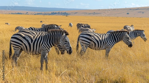 A group of zebras grazing in a golden savannah  their distinctive black and white stripes creating a visually striking composition.