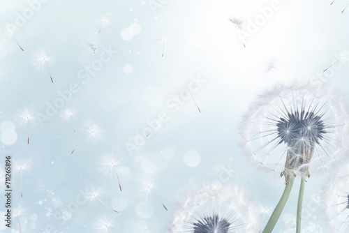 A dandelion seedhead being carried away by the wind on a beautiful and sunny day, dandelion on a white background, condolence, grieving card, AI Generated