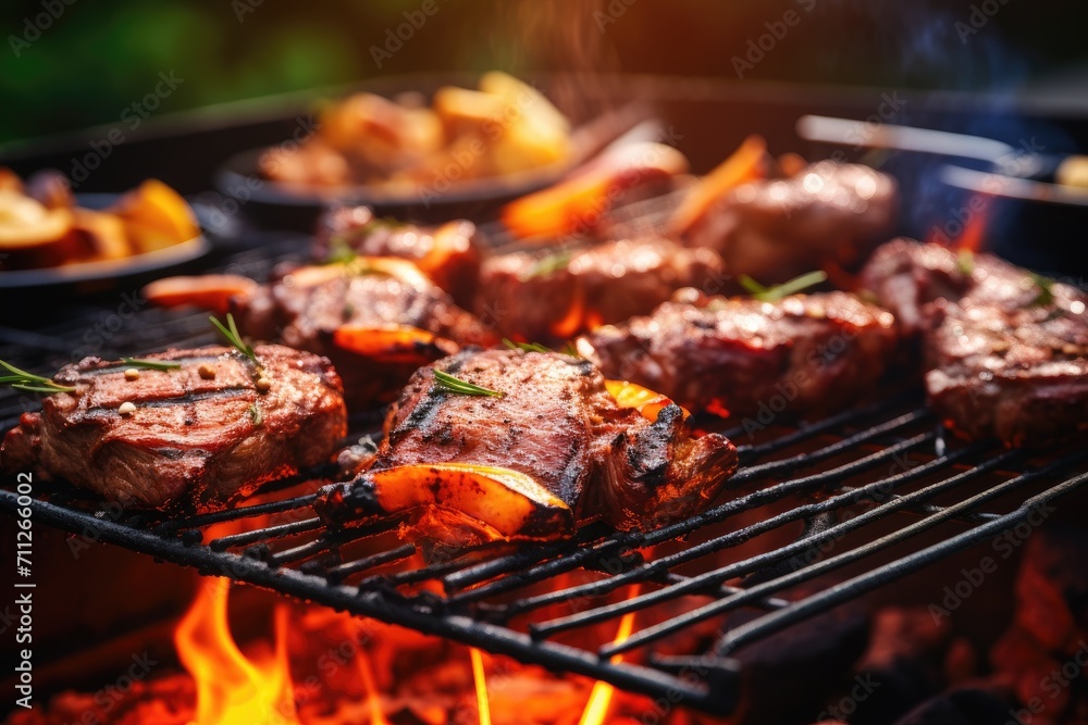 Mouthwatering steaks and vegetables sizzling on the grill, creating a flavorful, wholesome BBQ meal, Day celebration with meat on the barbecue and blurry background, AI Generated