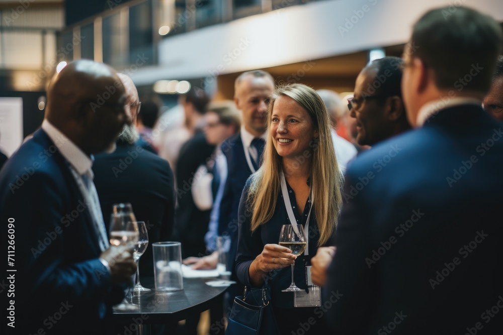 A gathering of individuals socializing around a table while holding and drinking from wine glasses, Delegates networking at conference drinks reception, AI Generated - obrazy, fototapety, plakaty 
