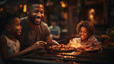 An African-American family barbecues