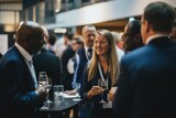 A gathering of individuals socializing around a table while holding and drinking from wine glasses, Delegates networking at conference drinks reception, AI Generated