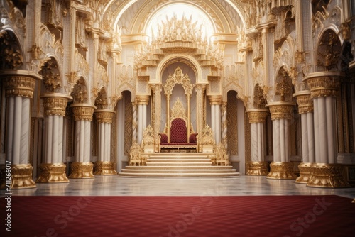 A photograph showcasing a church adorned with a red carpet and a striking gold altar, capturing the essence of religious reverence, Decorated empty throne hall, AI Generated