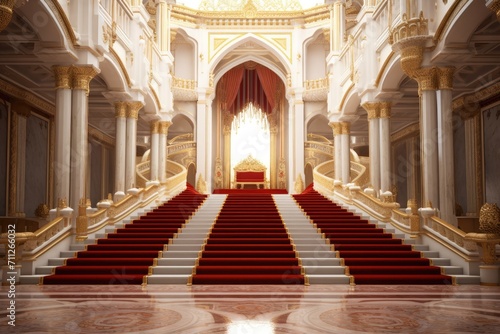 This captivating image showcases a set of stairs leading up to a luxurious red carpeted hall  exuding elegance and grandeur  Decorated empty throne hall  AI Generated