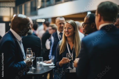 A gathering of individuals socializing around a table while holding and drinking from wine glasses, Delegates networking at conference drinks reception, AI Generated photo