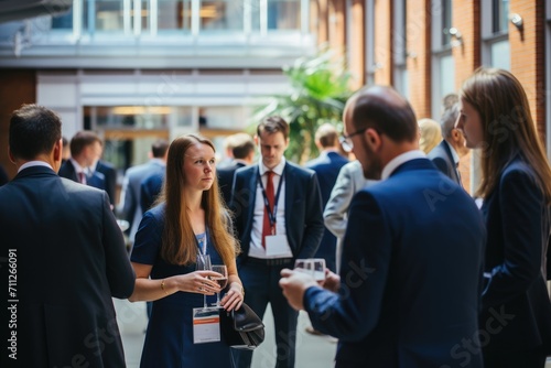 A diverse group of individuals standing together, actively participating in conversations and engaging with one another, Delegates networking at conference drinks reception, AI Generated photo