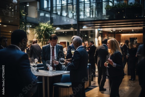 A diverse group of individuals standing around a table engaged in conversation and collaboration, Delegates networking at conference drinks reception, AI Generated