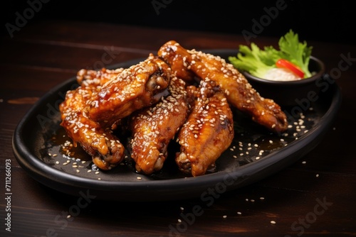 A delicious dish consisting of chicken wings served on a black plate alongside a side of fresh salad, Delicious crispy BBQ chicken wings with sesame, AI Generated © Iftikhar alam