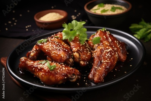 A black plate topped with chicken wings covered in delectable sesame seeds that are sure to tantalize your taste buds, Delicious crispy BBQ chicken wings with sesame, AI Generated