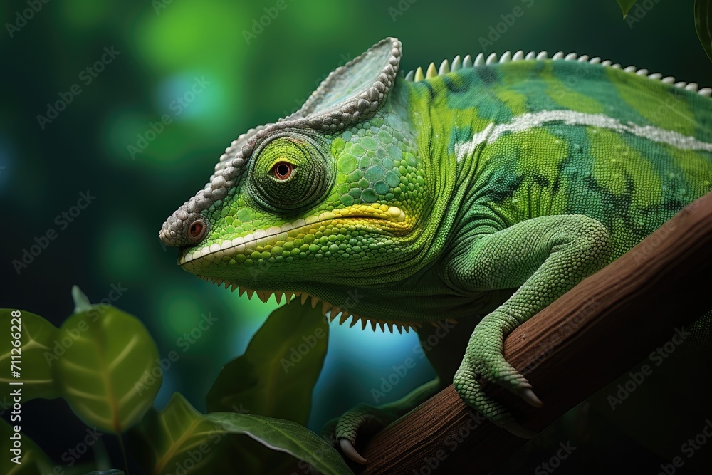 A detailed close-up shot of a green chameleon perched on a branch, Detailed Green chameleon closeup, AI Generated